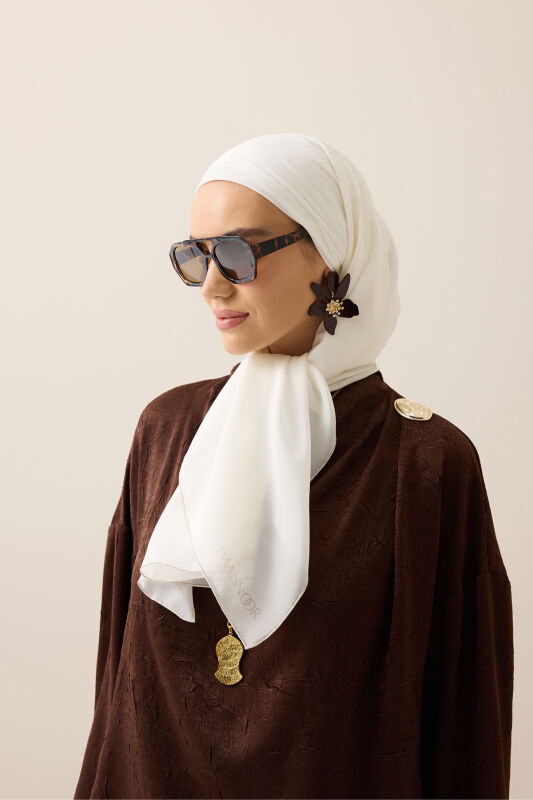Solid Color White Crepe Silk Scarf - 3