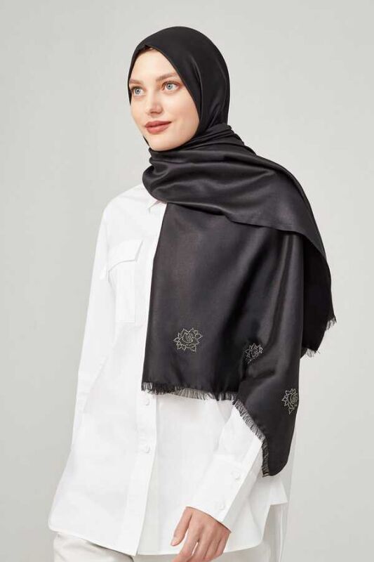 Solid Twill Silk Shawl Black - 2