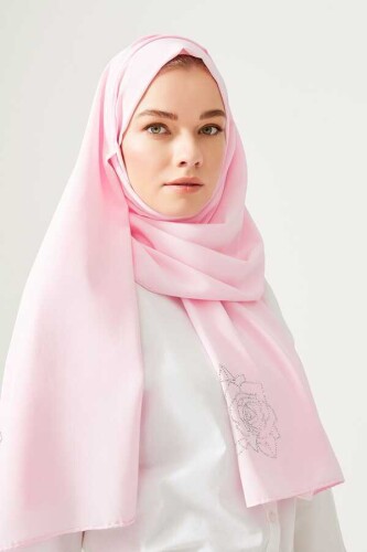 Taşlı Abiye Açık Pembe İpek Şal - 2