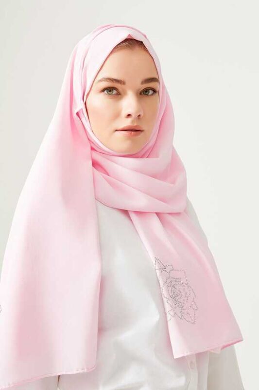 Taşlı Abiye Açık Pembe İpek Şal - 2