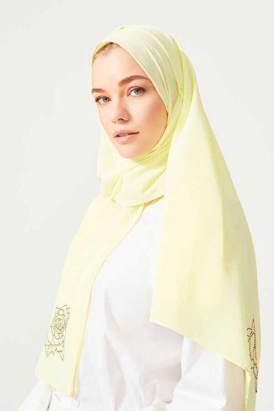 Taşlı Abiye Açık Sarı İpek Şal - 4