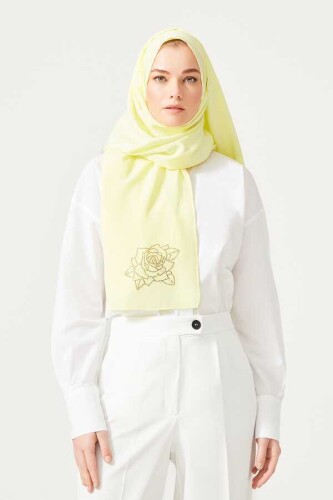Taşlı Abiye Açık Sarı İpek Şal - 6