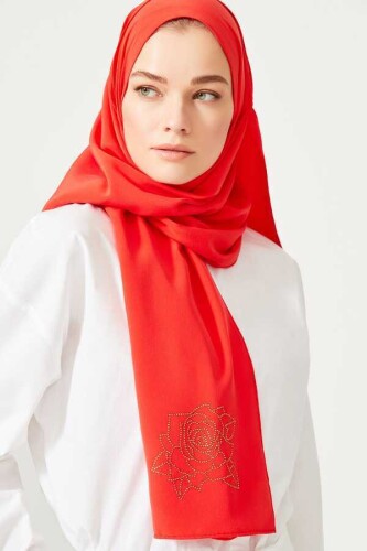 Taşlı Abiye Kırmızı İpek Şal - 2