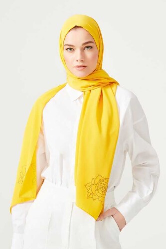 Taşlı Abiye Sarı İpek Şal - 2