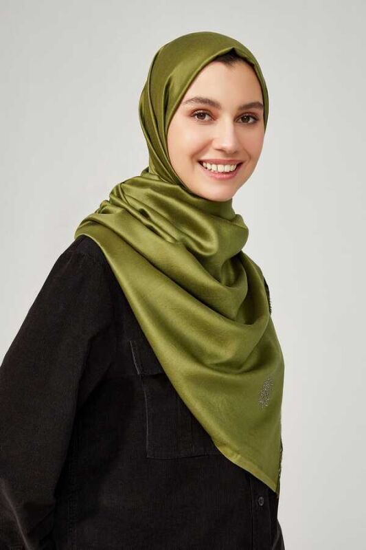 Taşlı Düz Tivil Yosun Yeşili İpek Şal - 4