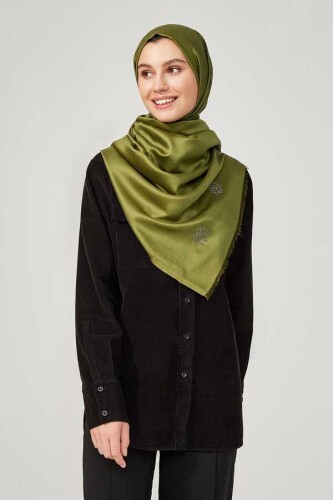 Taşlı Düz Tivil Yosun Yeşili İpek Şal - 5