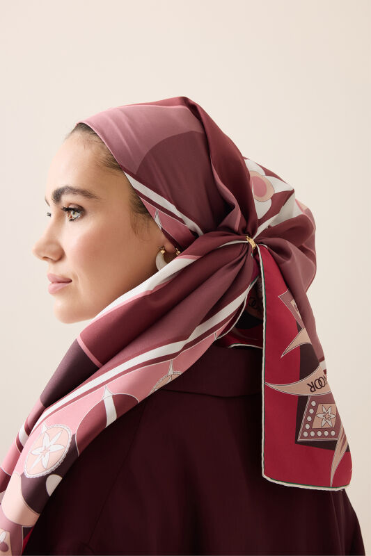 Tek Lale Bordo-Gül Kurusu Tivil İpek Eşarp 90x90 - 1