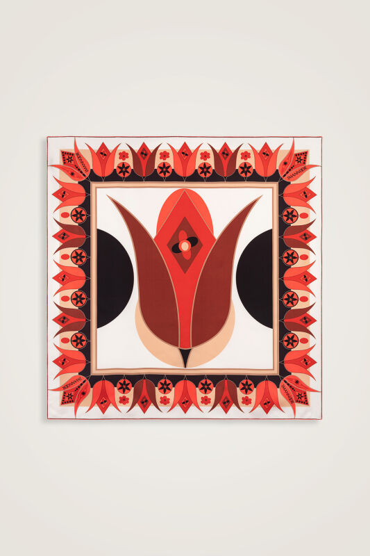 Tek Lale Kırmızı-Bej Tivil İpek Eşarp 90x90 - 2