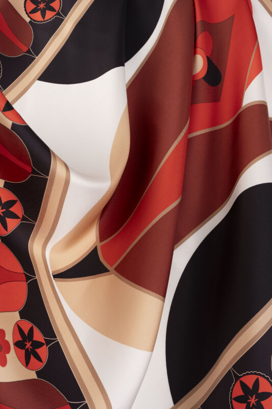 Tek Lale Kırmızı-Bej Tivil İpek Eşarp 90x90 - 4