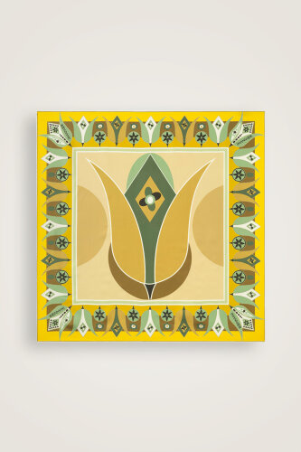 Tek Lale Sarı-Bej Tivil İpek Eşarp 90x90 - Imannoor (2)