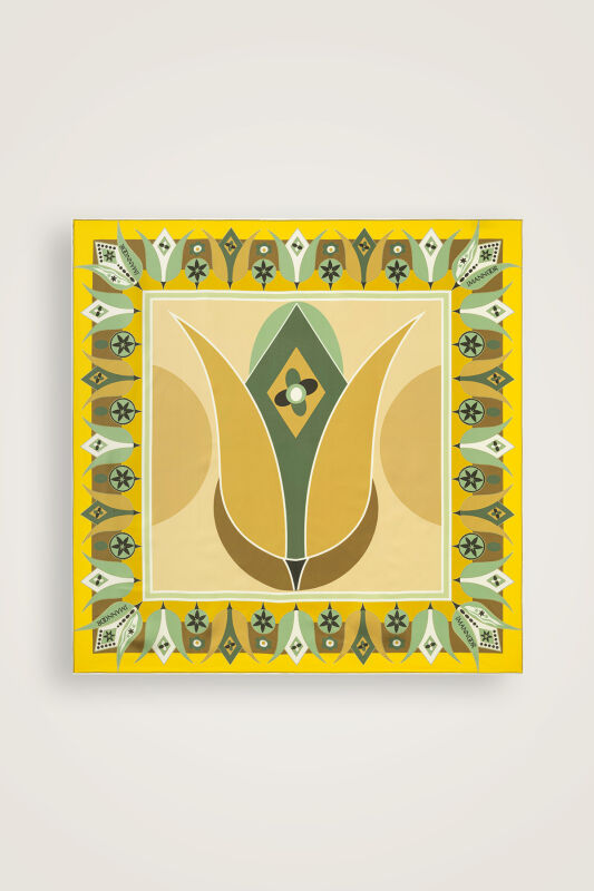 Tek Lale Sarı-Bej Tivil İpek Eşarp 90x90 - 2