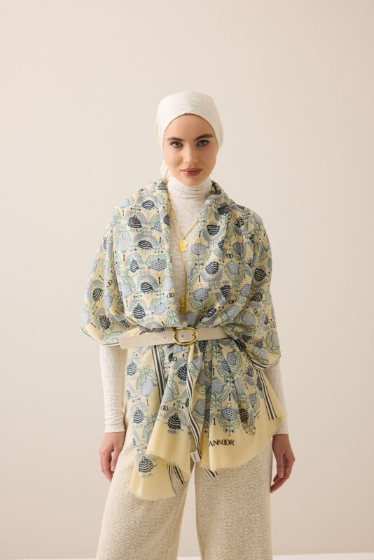 Ters Lale Krem-Gri Yün Şal 70x200 - 1