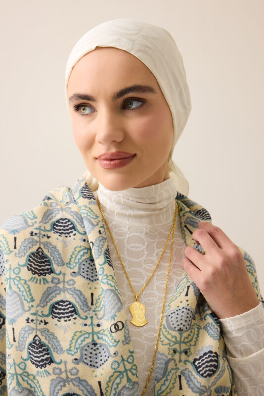 Ters Lale Krem-Gri Yün Şal 70x200 - 3