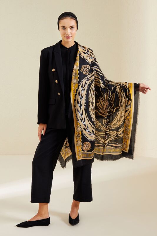 Three Pomegranate Cashmere Silk Shawl Black - 4