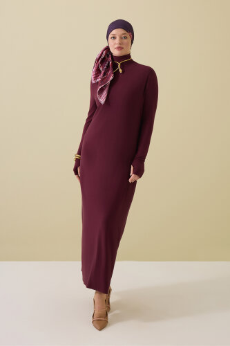 Turtleneck Burgundy Combed Cotton Dress - Imannoor (1)