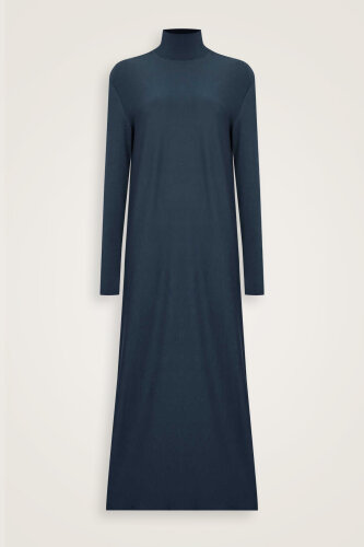 Turtleneck Navy Blue Combed Cotton Dress - Imannoor (2)