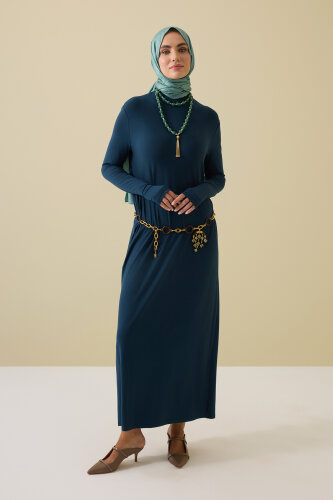 Turtleneck Navy Blue Combed Cotton Dress - Imannoor (1)