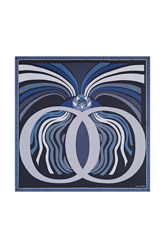 Water Fringe Silk Scarf Navy Blue - 1
