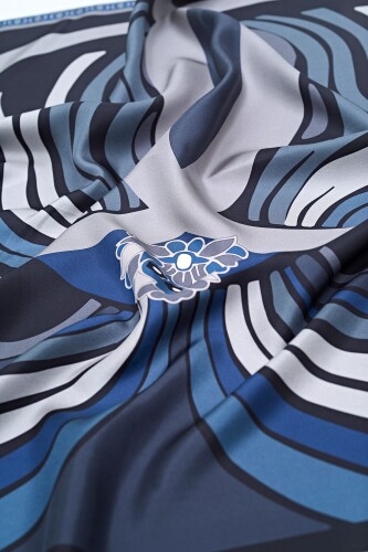 Water Fringe Silk Scarf Navy Blue - 3