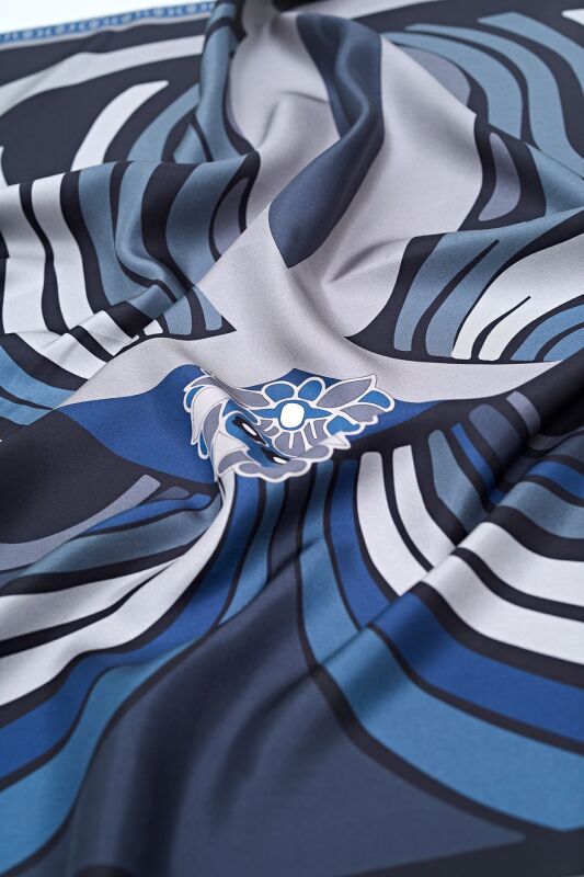Water Fringe Silk Scarf Navy Blue - 3