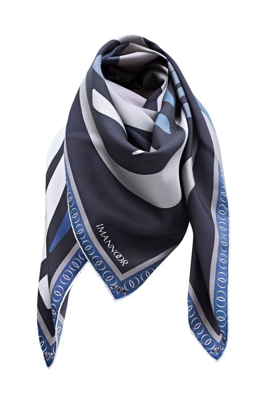 Water Fringe Silk Scarf Navy Blue - 4