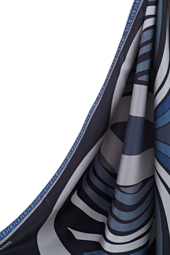 Water Fringe Silk Scarf Navy Blue - 2
