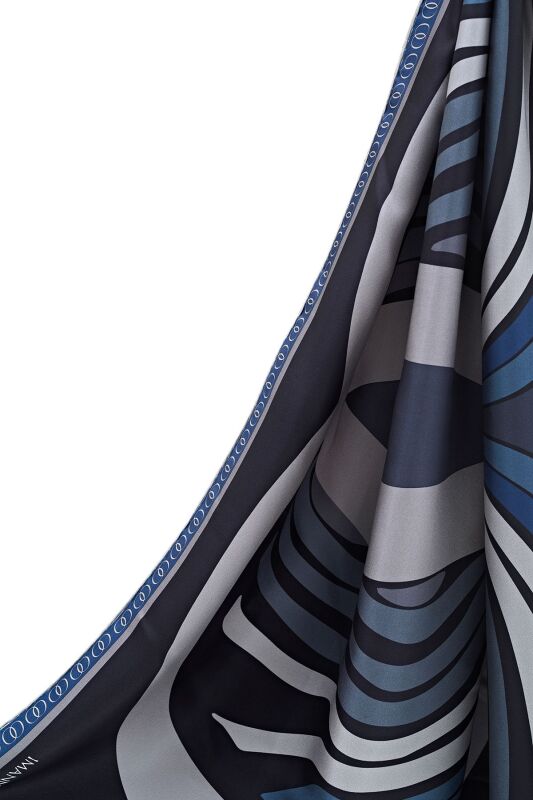 Water Fringe Silk Scarf Navy Blue - 2