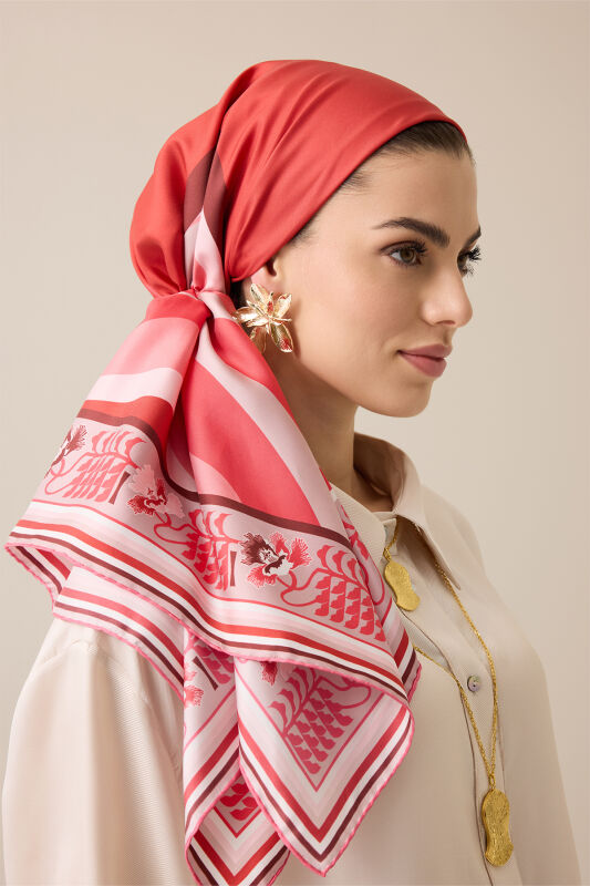 Waves Red Silk Twill Scarf - 1