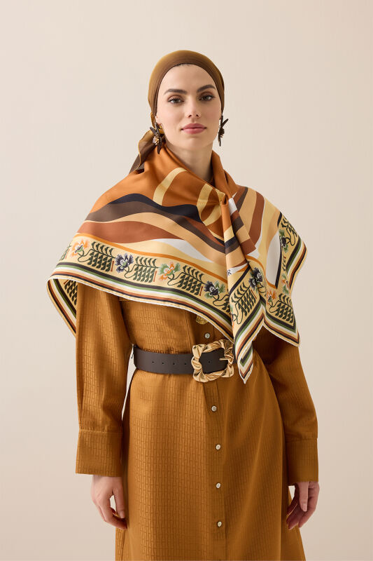 Waves Tan Twill Silk Scarf - 5