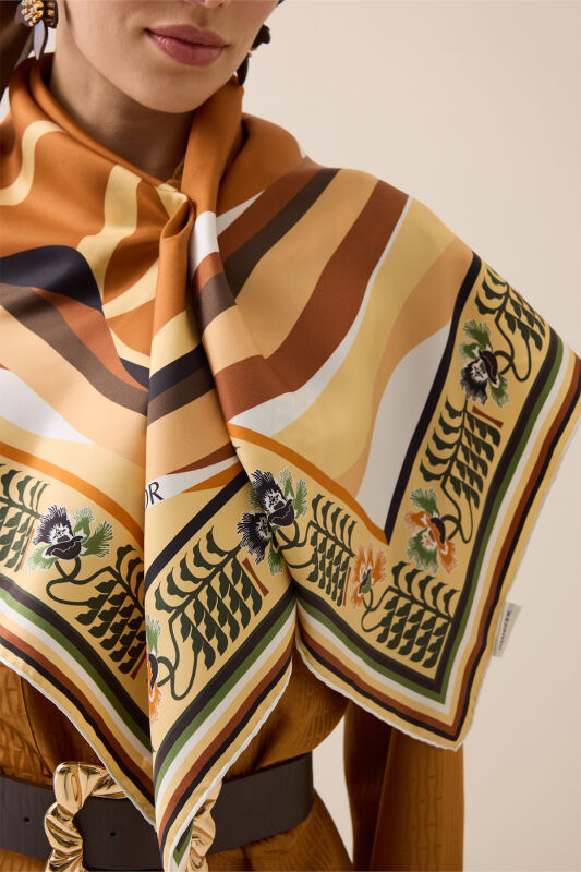 Waves Tan Twill Silk Scarf - 1