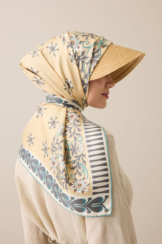 West Flower Beige Twill Silk Scarf - 5