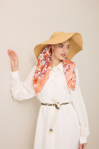 West Flower Orange Twill Silk Scarf - 5