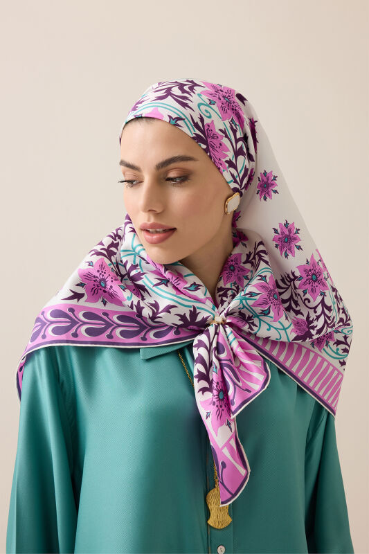 Western Flower Fuchsia Twill Silk Scarf - 5