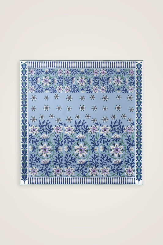 Western Flower Light Blue Twill Silk Scarf - 2