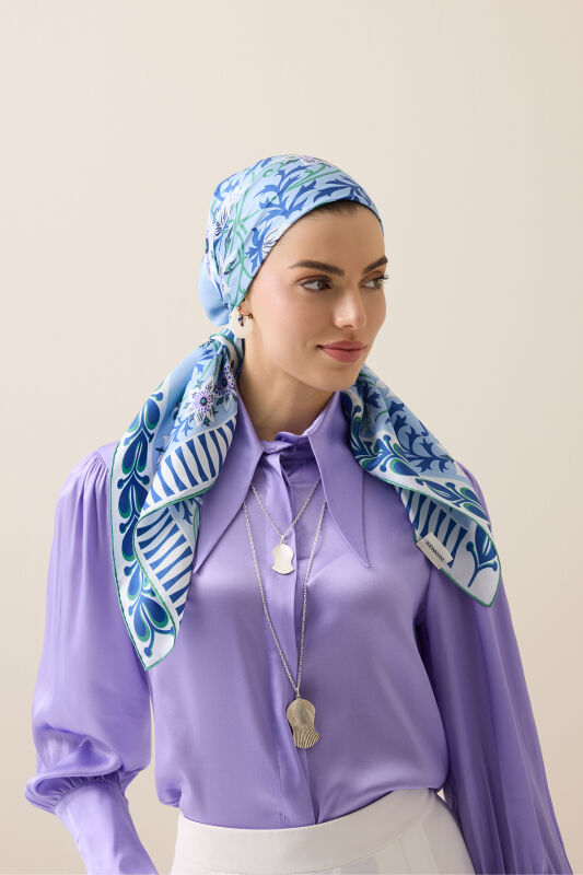 Western Flower Light Blue Twill Silk Scarf - 1