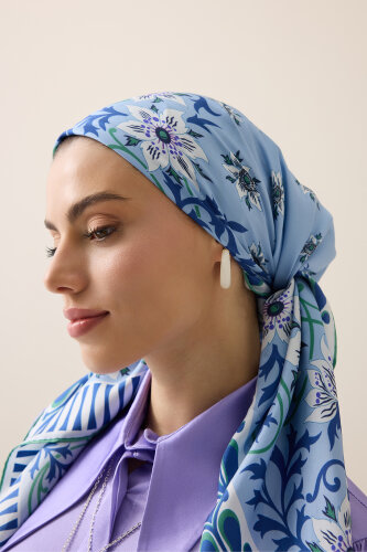 Western Flower Light Blue Twill Silk Scarf - 3