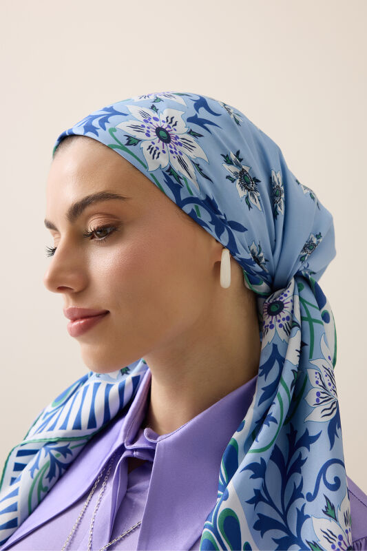Western Flower Light Blue Twill Silk Scarf - 3