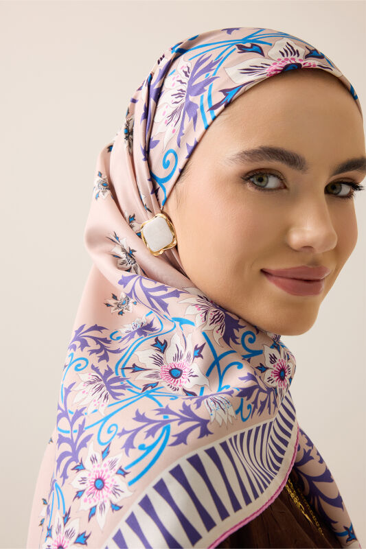 Western Flower Mink-Pink Twill Silk Scarf - 3