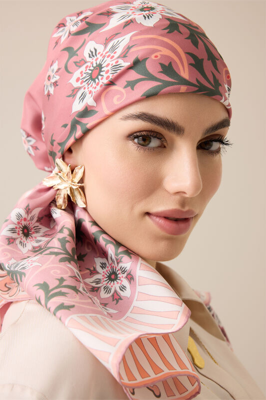 Western Flower Rosewood Twill Silk Scarf - 1