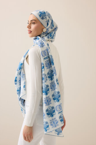 Wildflower Denim Cotton Silk Scarf - Imannoor