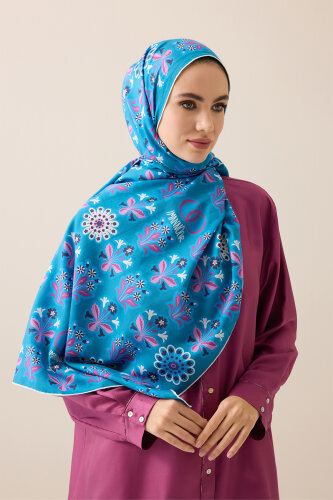 Wildflower Pink-Turquoise Cotton Silk Scarf - Imannoor
