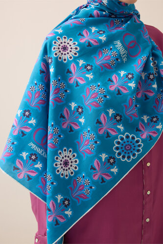 Wildflower Pink-Turquoise Cotton Silk Scarf - 5