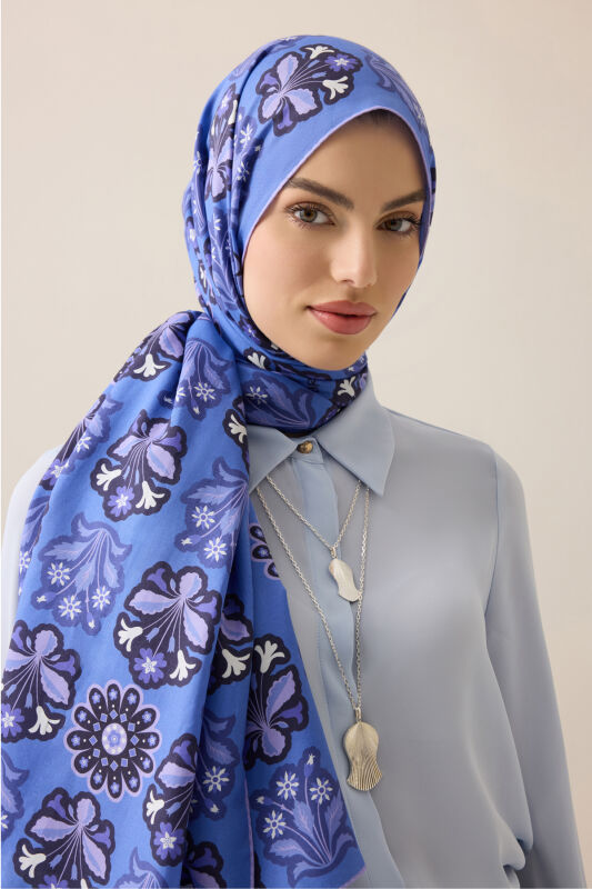 Wildflower Purple Denim Cotton Silk Scarf - 1