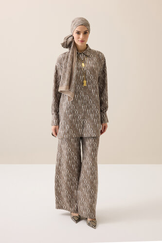 Yazı Desen Bej Tivil İpek Pantolon - Imannoor (1)