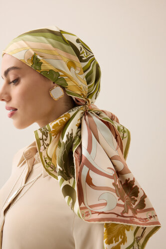 Yeni Dünya Somon-Sarı Çift Taraflı Tivil İpek Eşarp 94x94 - Imannoor