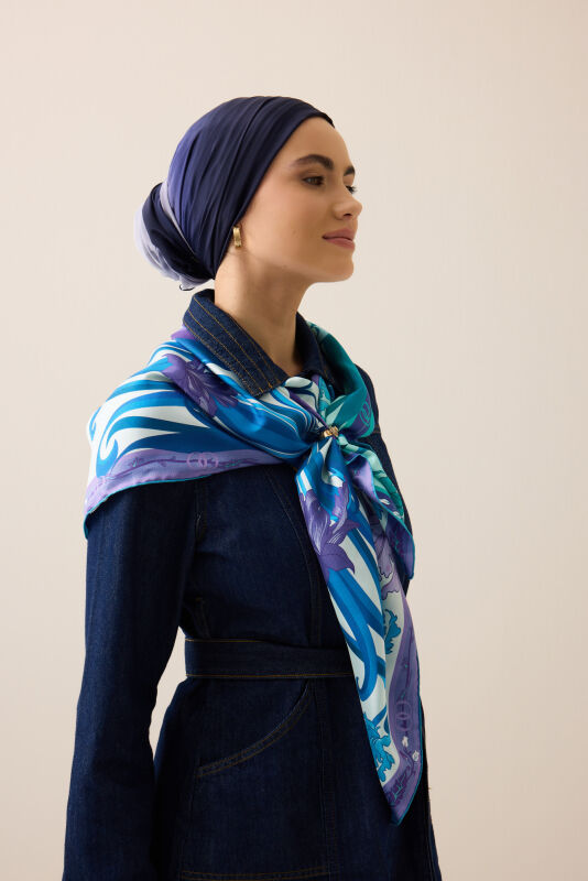 Yeni Dünya Turkuaz-Fuşya Çift Taraflı Tivil İpek Eşarp 94x94 - 3