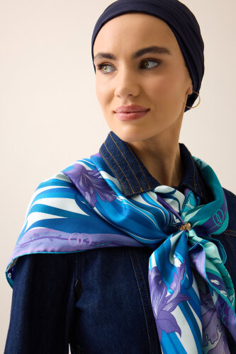 Yeni Dünya Turkuaz-Fuşya Çift Taraflı Tivil İpek Eşarp 94x94 