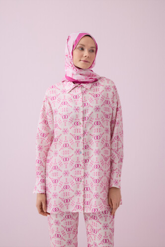 Yıldızlı Gece Pembe Tivil İpek Pijama Gömlek - Imannoor