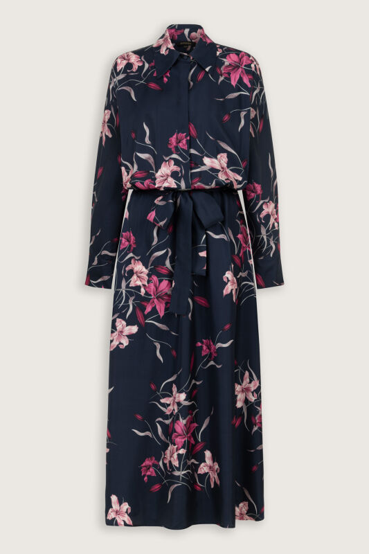 Zambak Bel Detaylı Lacivert-Fuşya İpek Elbise - 2