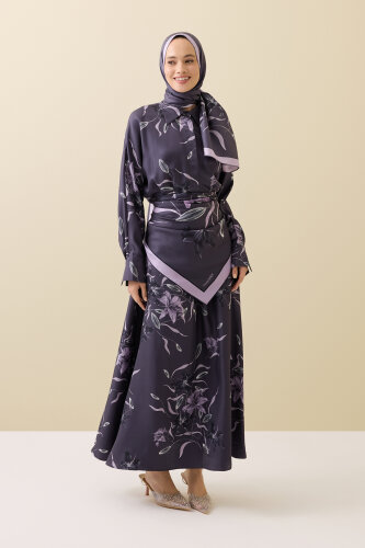 Zambak Bel Detaylı Mor İpek Elbise 